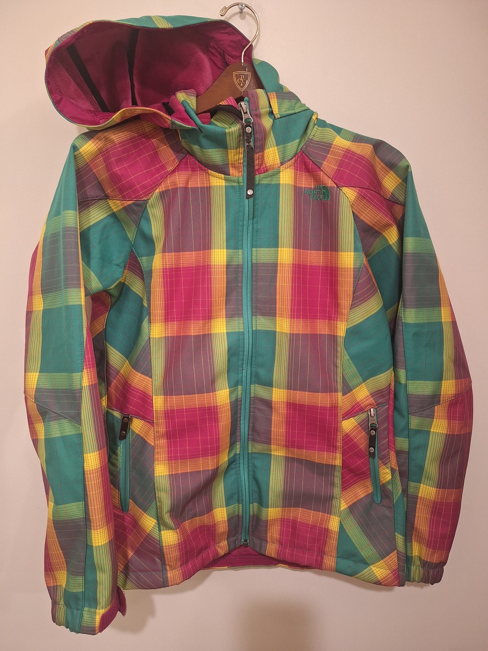 The North Face Multicolor Plaid Hooded Jacket - Teal, Pink, Yellow